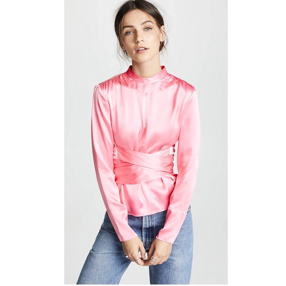 (New with tags) Pink satin silk waist tie blouse - Picture 2 of 5